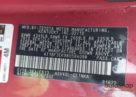 2011 Toyota Camry Le из США, поврежденный, VIN 4T1BF3EK9BU584098